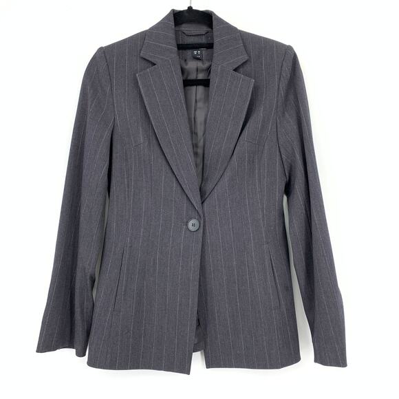 H&M Pant Suit Womens Sz 6 Single Button Blazer Straight Leg Pant Gray Pinstripe - Picture 2 of 13